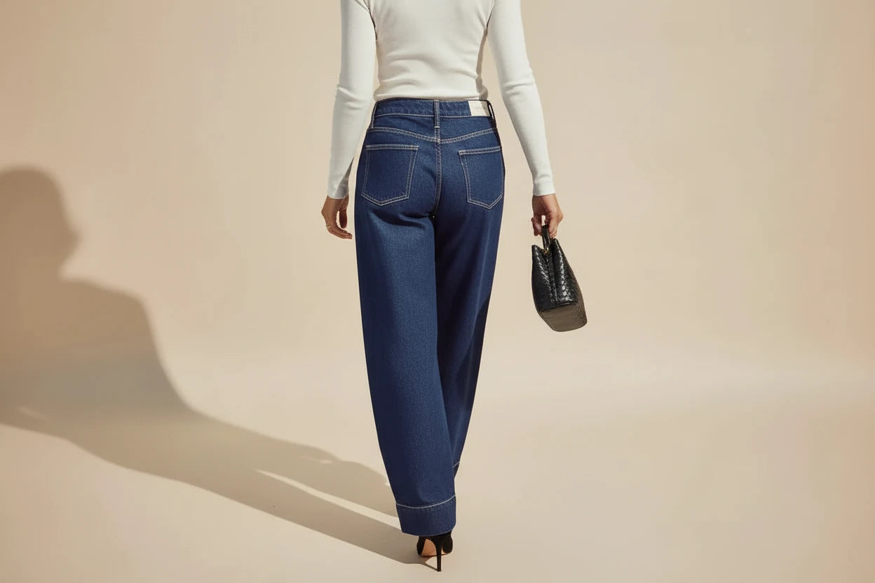 Wide Leg, Które Pracują dla Sylwetki – Niebieskie Jeansy z Wysokim Stanem i Charakterem Vintage