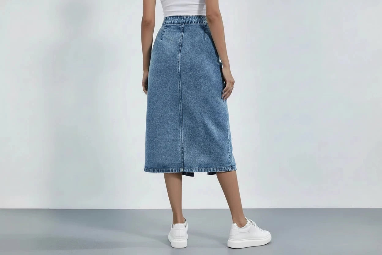 Jeansowa Spódnica Midi z Guzikami - Wysoki Stan DenimFresh