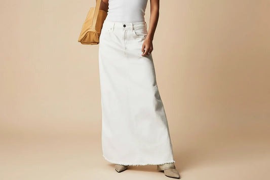 Długa Spódnica Jeansowa Damska A-line – Wysoki Stan, Strzępione Brzegi, Luźny Krój Maxi