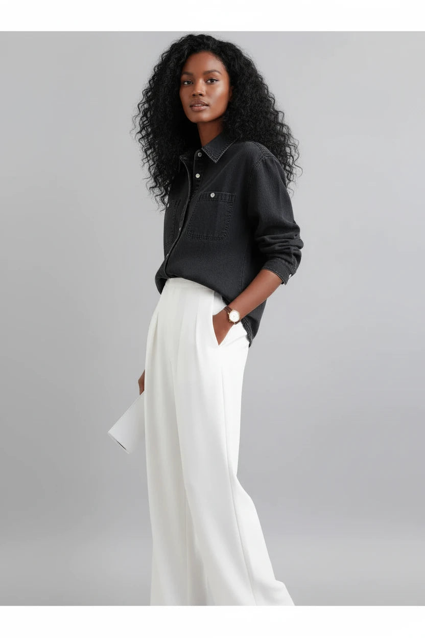 Czarna Cienka Koszula Jeansowa Damska – Streetwear Retro z Długim Rękawem