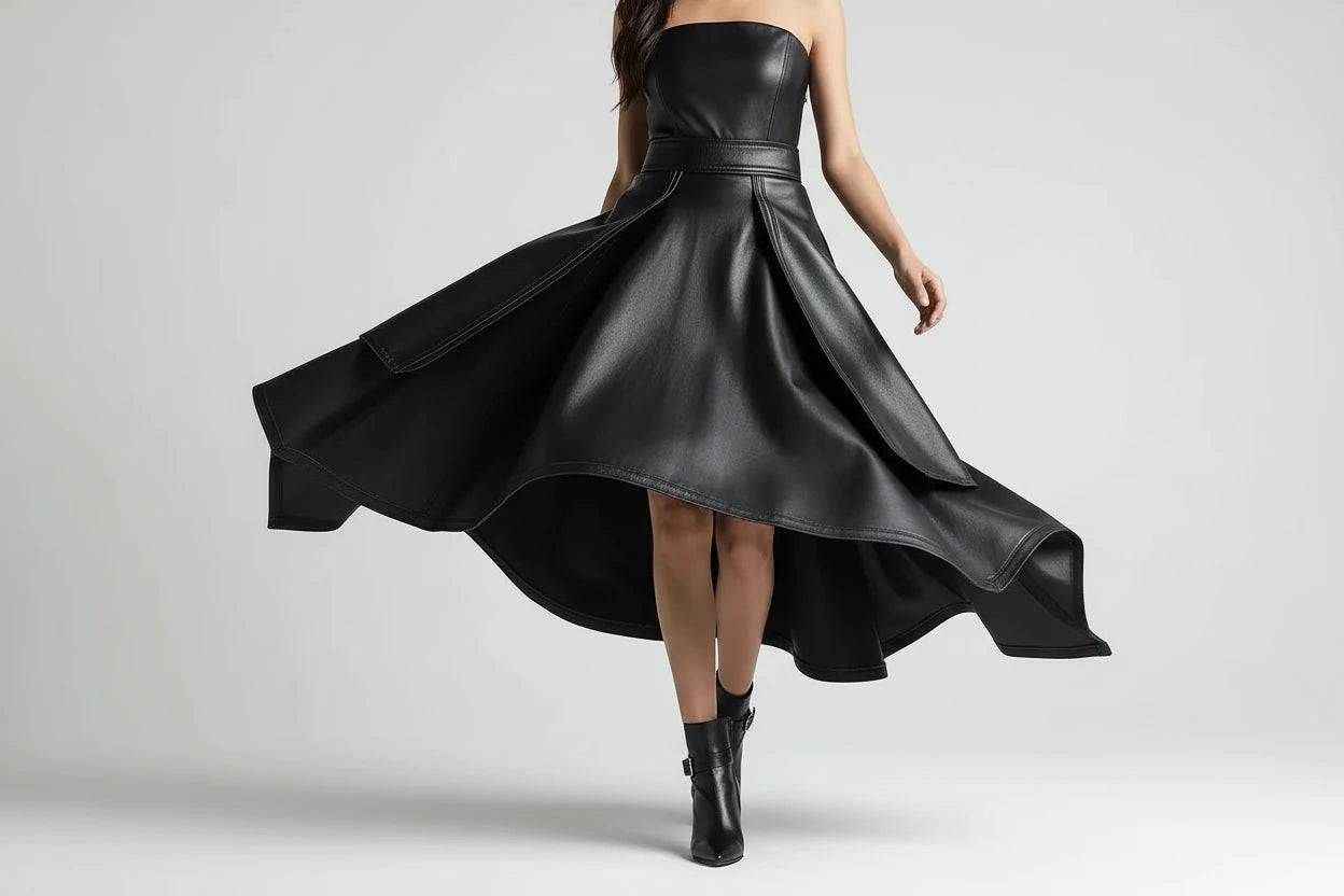 Spódnica Skórzana Plisowana A-Line z Wysokim Stanem - Czarna Elegancka Maxi