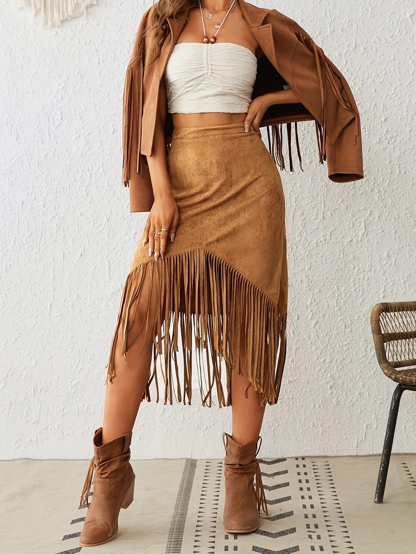 Vintage'owa Asymetryczna Spódnica z Frędzlami