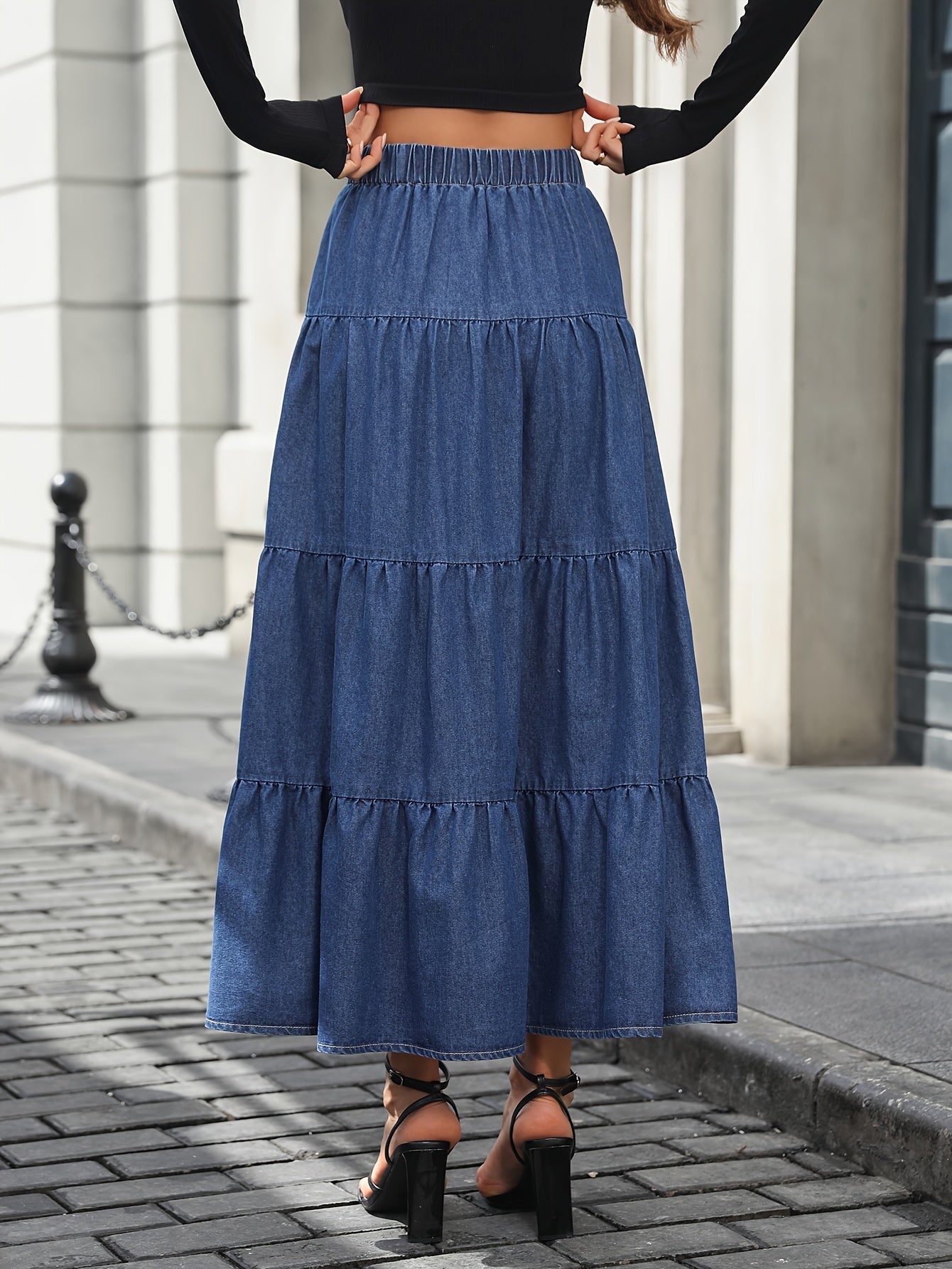 Damska Długa Spódnica Jeansowa High-Waist Falbana