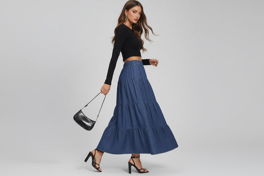 Damska Długa Spódnica Jeansowa High-Waist Falbana