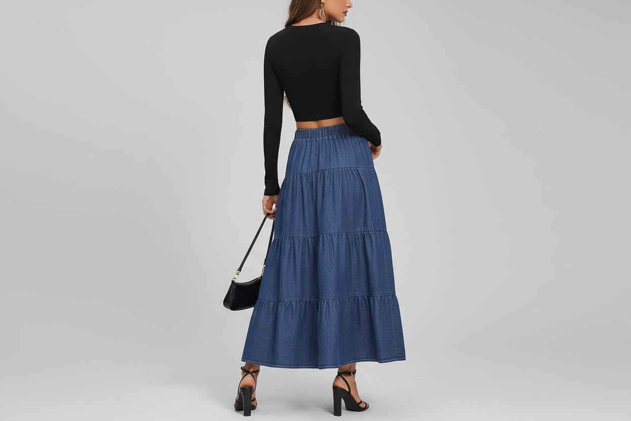 Damska Długa Spódnica Jeansowa High-Waist Falbana