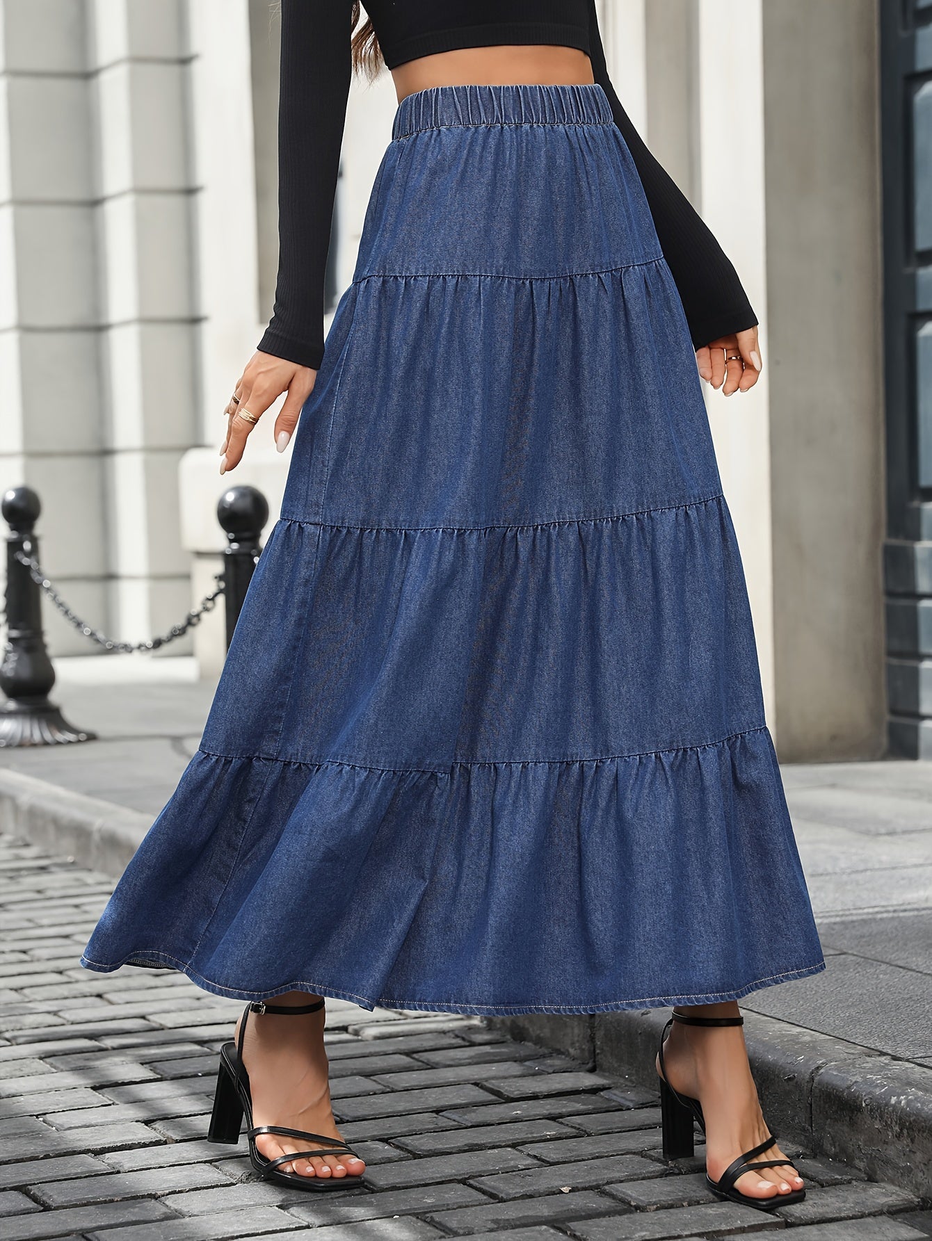 Damska Długa Spódnica Jeansowa High-Waist Falbana