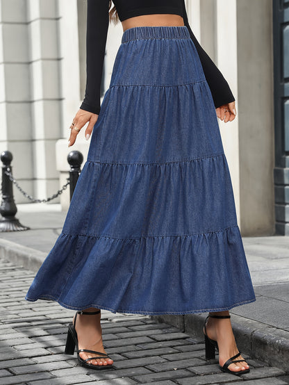 Damska Długa Spódnica Jeansowa High-Waist Falbana