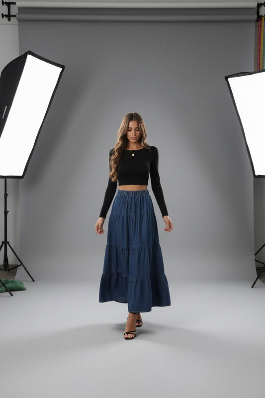 Damska Długa Spódnica Jeansowa High-Waist Falbana