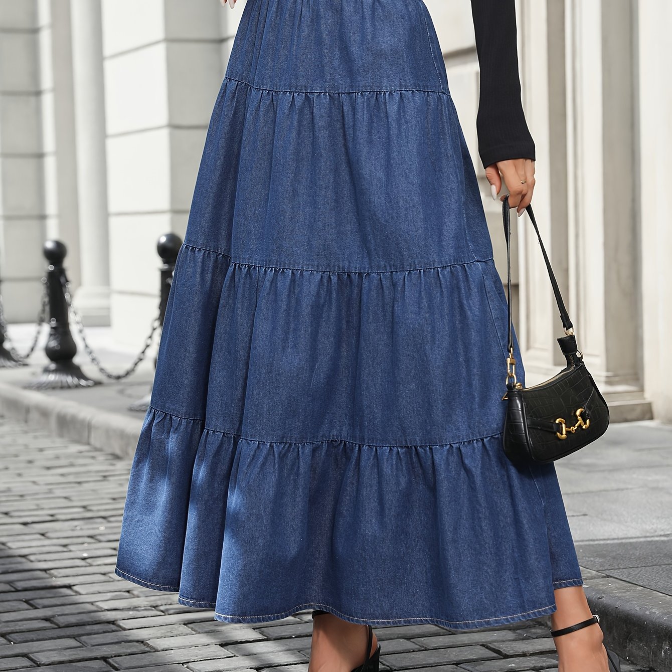 Damska Długa Spódnica Jeansowa High-Waist Falbana