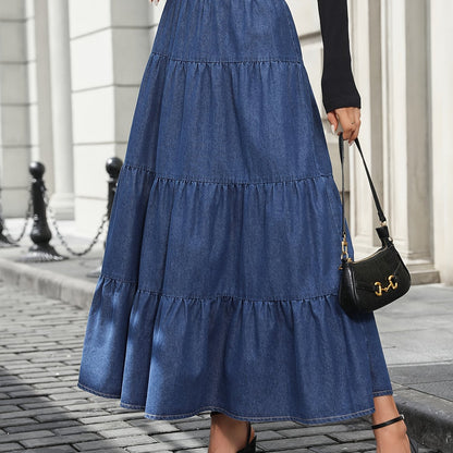 Damska Długa Spódnica Jeansowa High-Waist Falbana