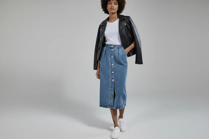Jeansowa Spódnica Midi z Guzikami - Wysoki Stan DenimFresh