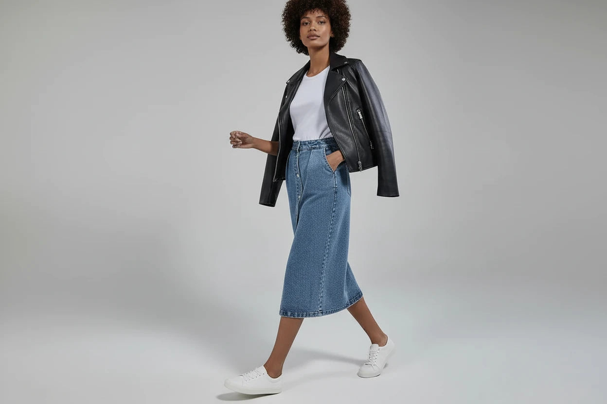 Jeansowa Spódnica Midi z Guzikami - Wysoki Stan DenimFresh