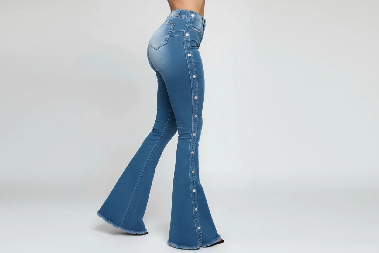 Damskie Jeansy Vintage z Wysokim Stanem – Dzwony, Elastyczne, Długość do Ziemi, Styl Europejsko-Amerykański