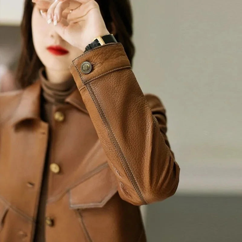 Damska Ramoneska Eko-Skóra Brązowa/Czarna