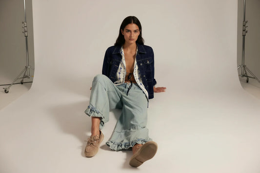 Damskie Jeansy Baggy z Szerokimi Nogawkami i Marszczonymi Falbanami