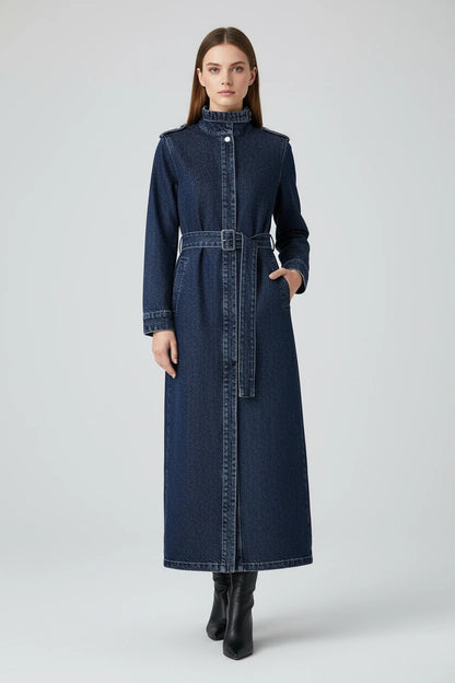 Damski Płaszcz Trench Denim ze Stójką