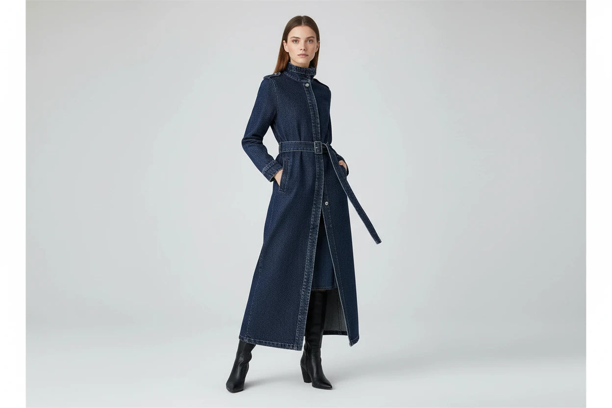 Damski Płaszcz Trench Denim ze Stójką