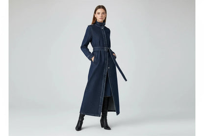 Damski Płaszcz Trench Denim ze Stójką