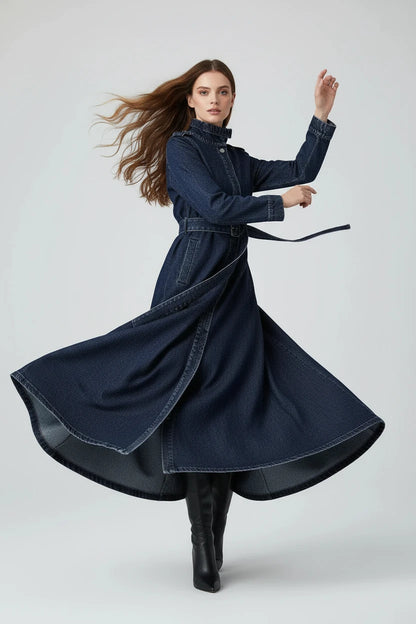 Damski Płaszcz Trench Denim ze Stójką