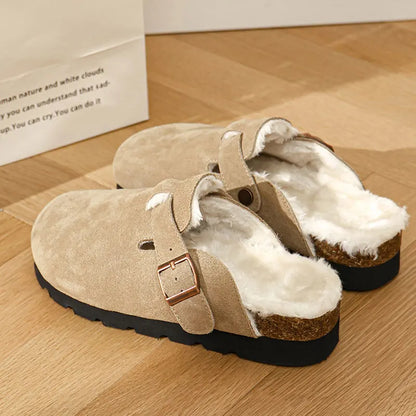 Zimowe ocieplane kapcie damskie Fluffy z klamrą