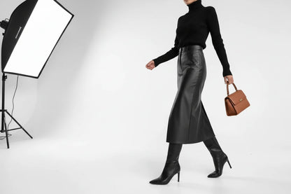 Spódnica Skórzana Maxi z Wysokim Stanem i Rozcięciem - Elegancka Ołówkowa