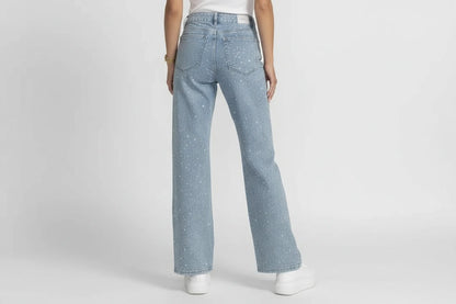 Jeansy Straight Damskie z Wysokim Stanem Stretch – Vintage Denim z Diamentami