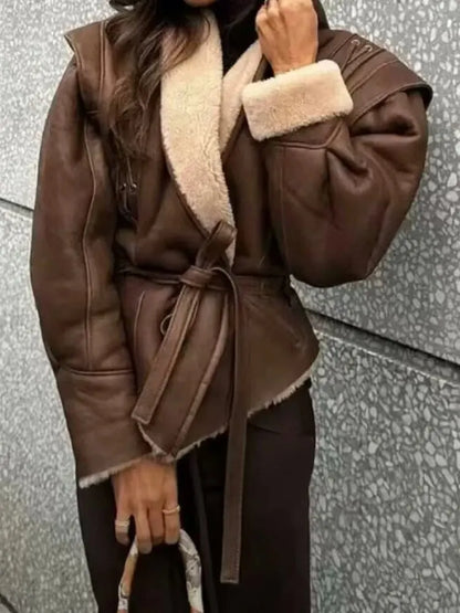 Kurtka Skórzana Damska z Paskiem i Kapturem