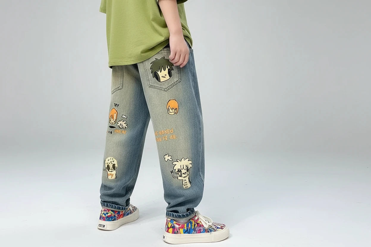 Chłopięce spodnie dżinsowe z nadrukiem cartoon – outdoor