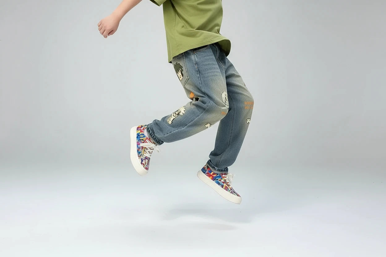 Chłopięce spodnie dżinsowe z nadrukiem cartoon – outdoor