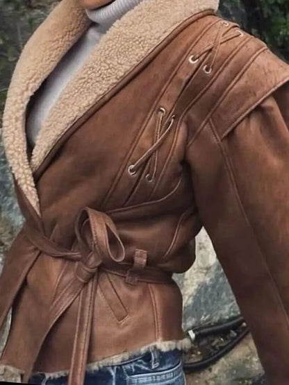 Kurtka Skórzana Damska z Paskiem i Kapturem