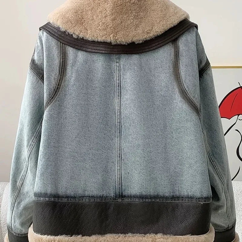 Gruba kurtka damska Denim skóra owcza z futrem Puch Noir