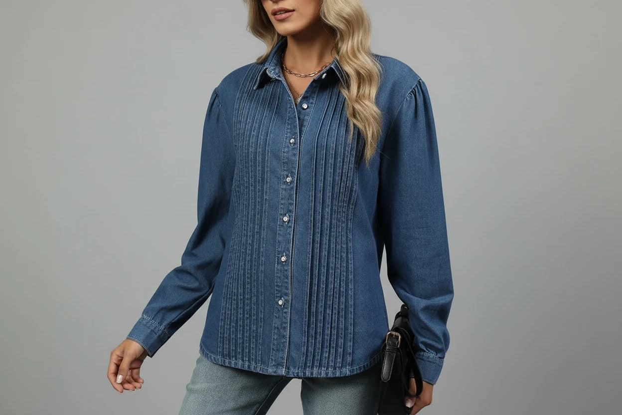 Jeansowa koszula damska Jaqueta z plisowaniem na przodzie