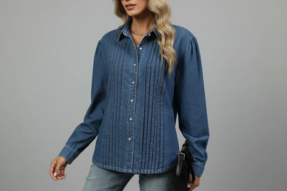 Jeansowa koszula damska Jaqueta z plisowaniem na przodzie