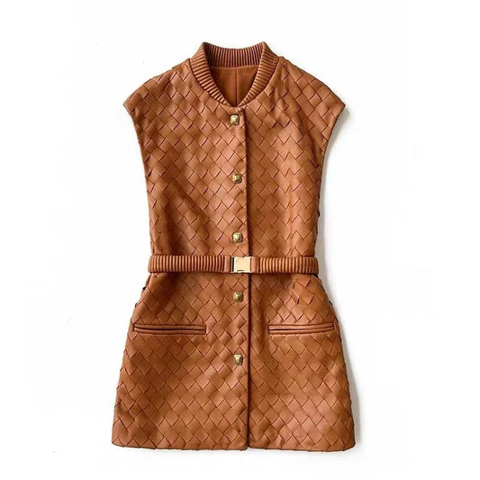 Ręcznie Dziana Skórzana Kamizelka Damska Skóra owcza