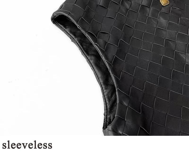 Ręcznie Dziana Skórzana Kamizelka Damska Skóra owcza