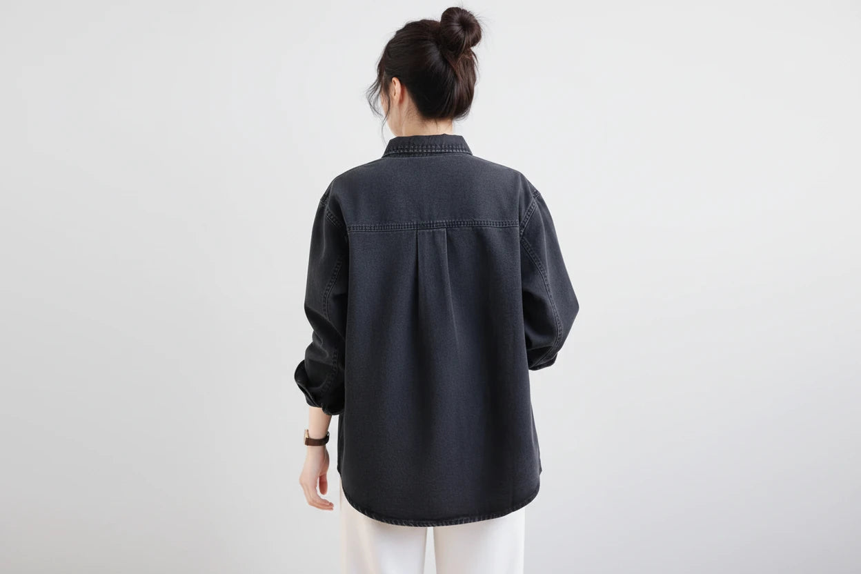 Czarna Cienka Koszula Jeansowa Damska – Streetwear Retro z Długim Rękawem