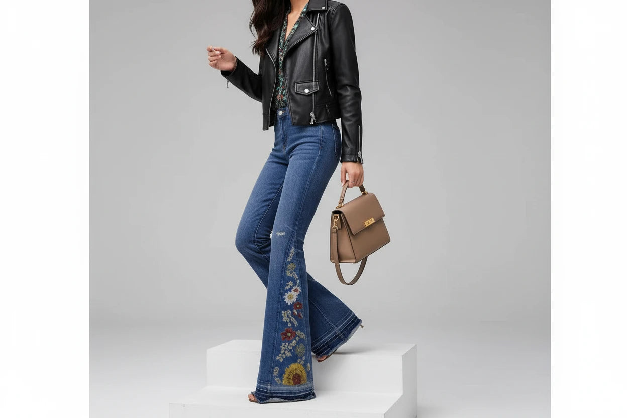 Jeansy damskie dzwony haftowane przecierane z motywem kwiatowym