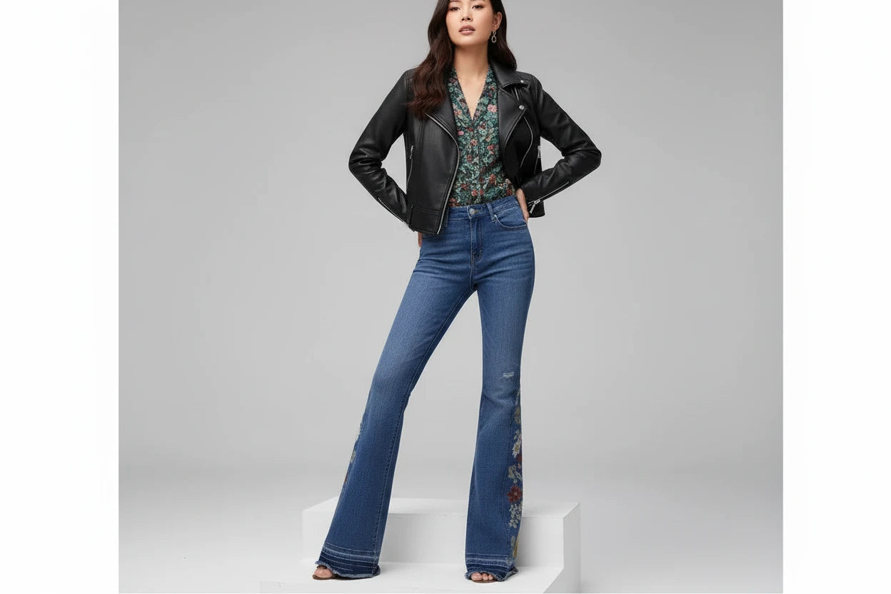 Jeansy damskie dzwony haftowane przecierane z motywem kwiatowym