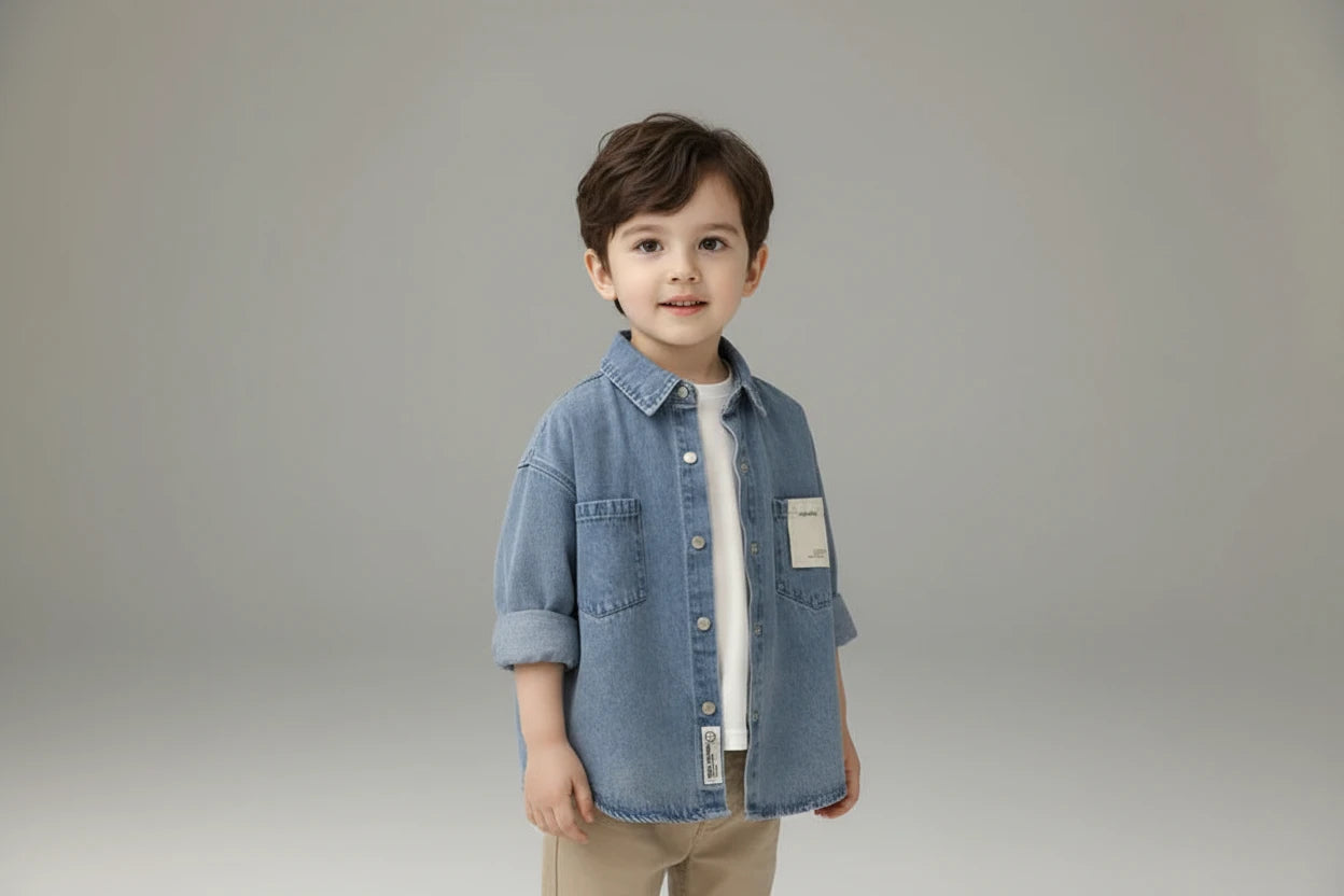 Niebieska Koszula Dżinsowa dla Chłopca Wywijany Kołnierz