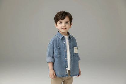 Niebieska Koszula Dżinsowa dla Chłopca Wywijany Kołnierz