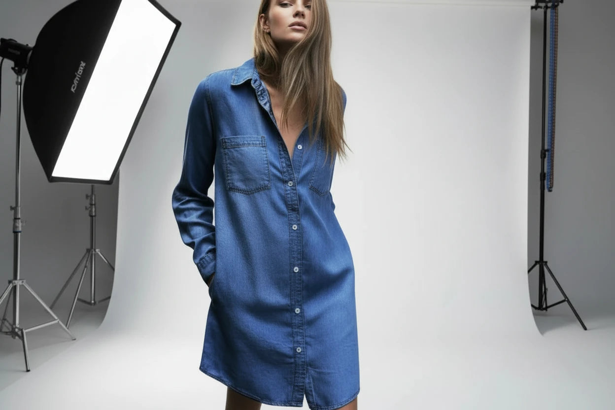 Denimowa Koszula/Sukienka Mini z Długim Rękawem