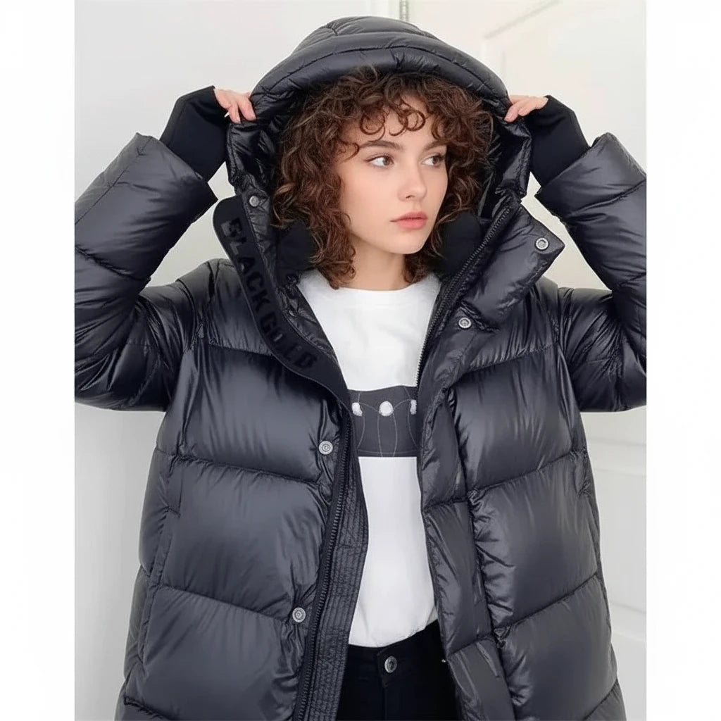 Zimowa Długa Kurtka Damska Puchowa czarna