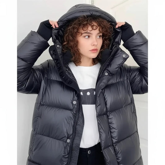 Zimowa Długa Kurtka Damska Puchowa czarna