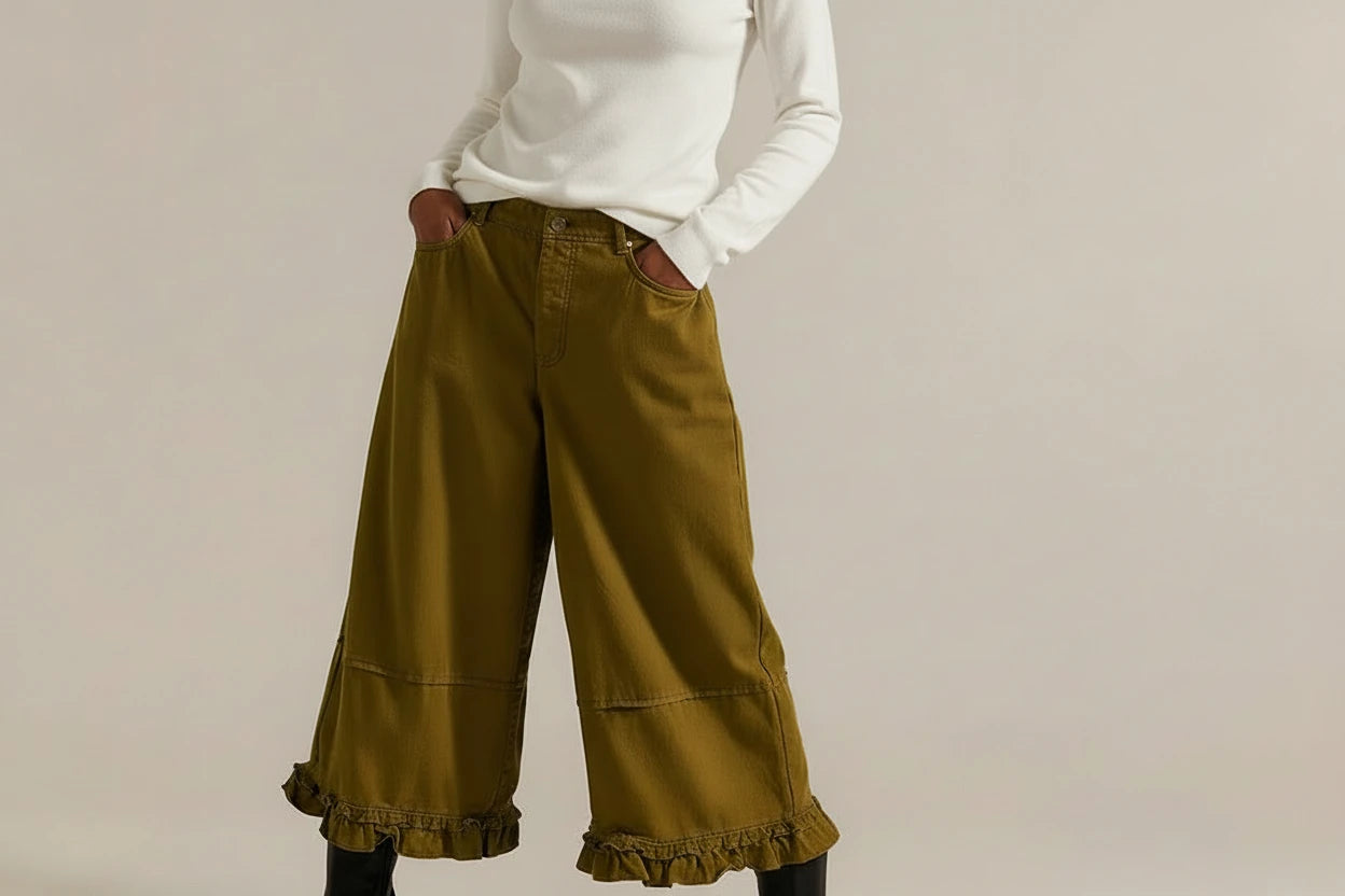 Damskie Jeansy Baggy z Szerokimi Nogawkami i Marszczonymi Falbanami