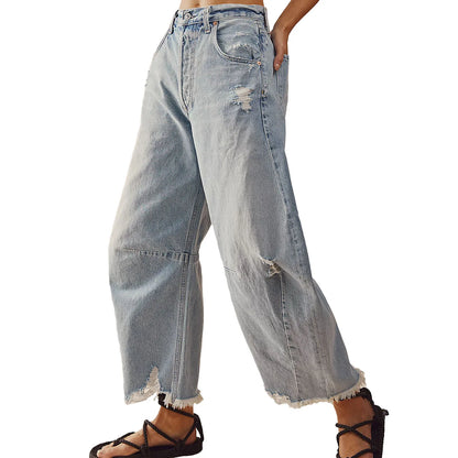 Vintage Baggy Wide Leg Jeans Damskie z Frędzlami