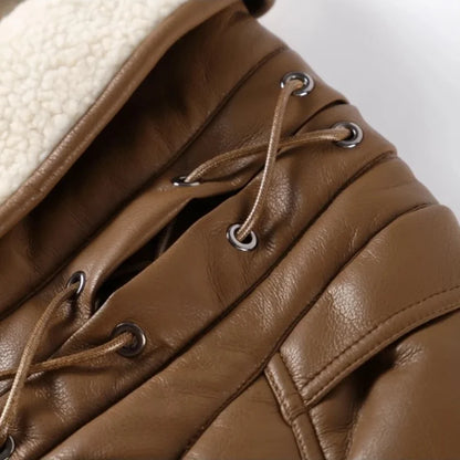 Kurtka Skórzana Damska z Paskiem i Kapturem