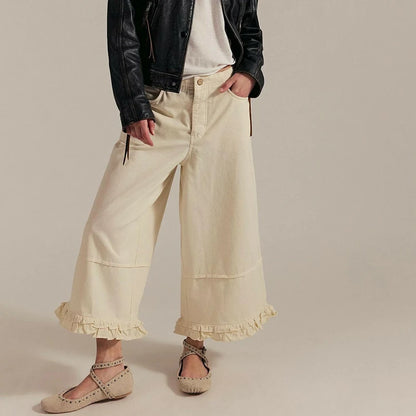 Damskie Jeansy Baggy z Szerokimi Nogawkami i Marszczonymi Falbanami