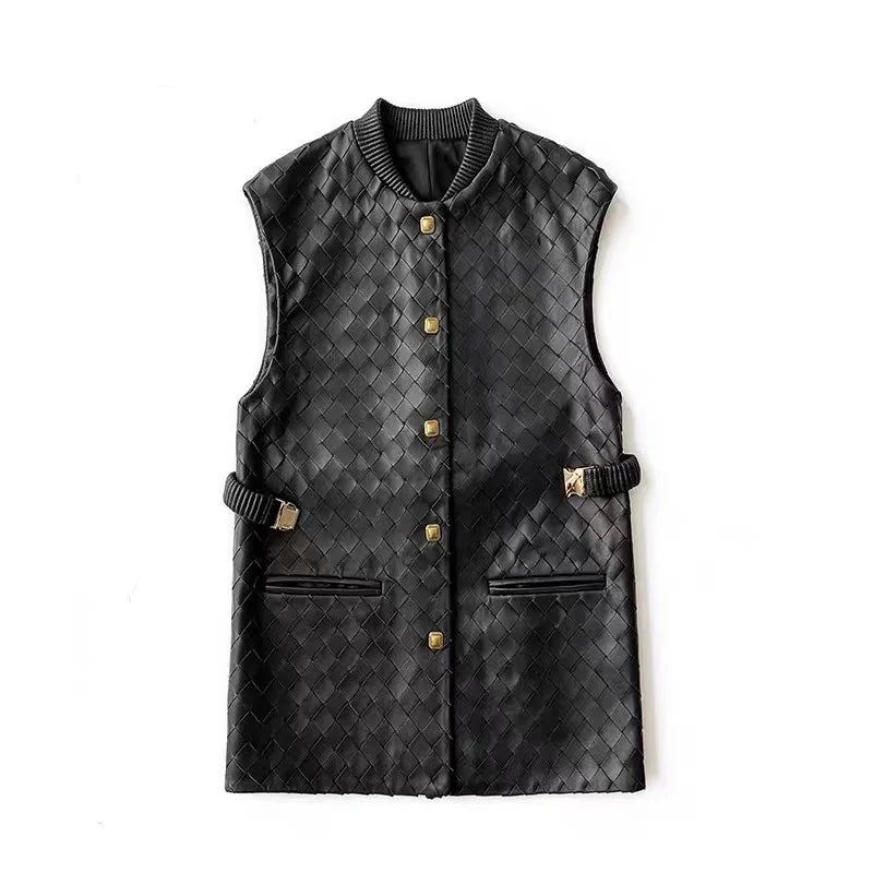 Ręcznie Dziana Skórzana Kamizelka Damska Skóra owcza