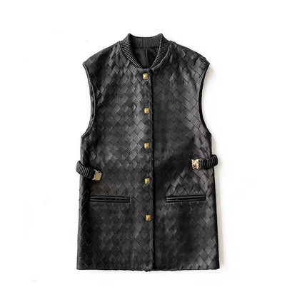 Ręcznie Dziana Skórzana Kamizelka Damska Skóra owcza