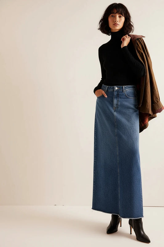 Długa Spódnica Jeansowa Damska A-line – Wysoki Stan, Strzępione Brzegi, Luźny Krój Maxi